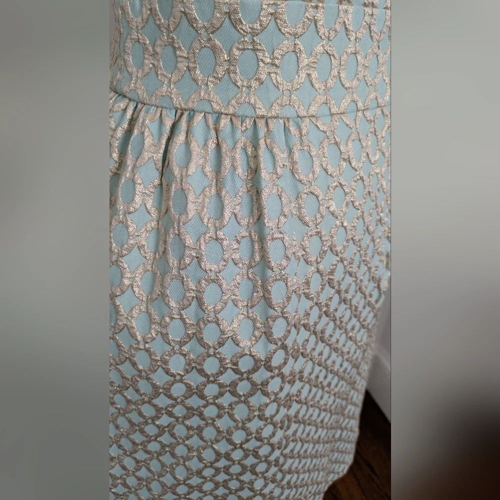 LAUREN Ralph Lauren semi-formal Dress Blue Silver brocade geometric 10 - Picture 7 of 8